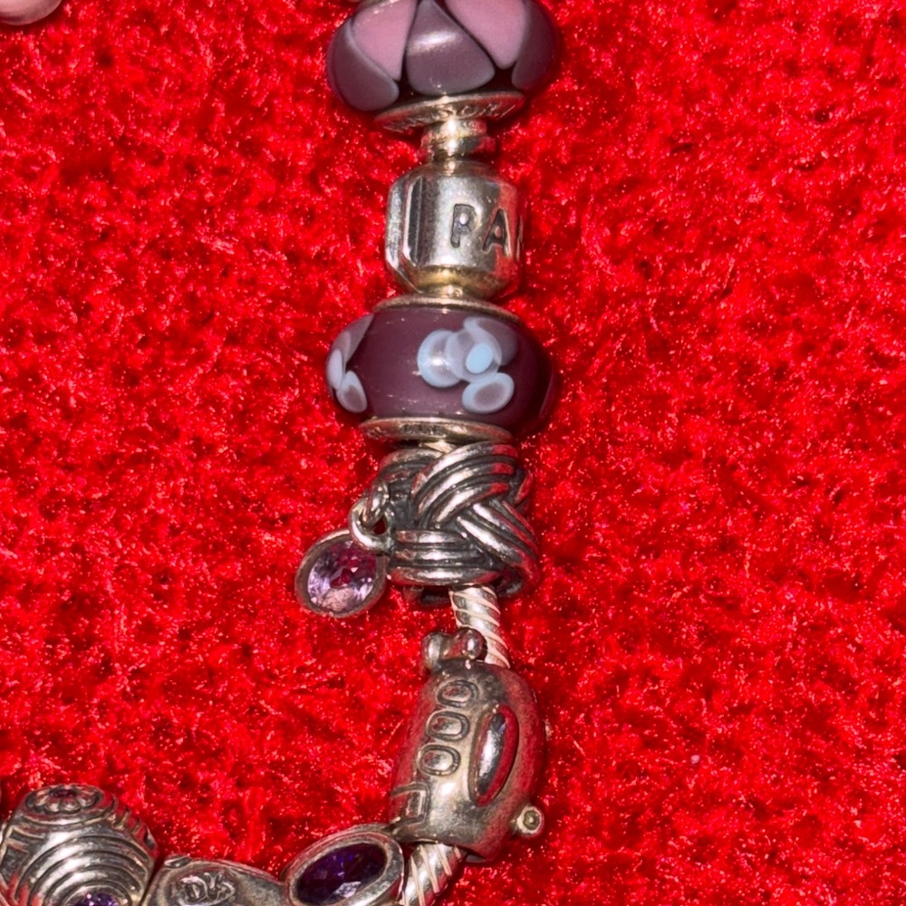 Pandora Silver and Purple Charm Bracelet with Iridescent Beads - Picture 4 of 9